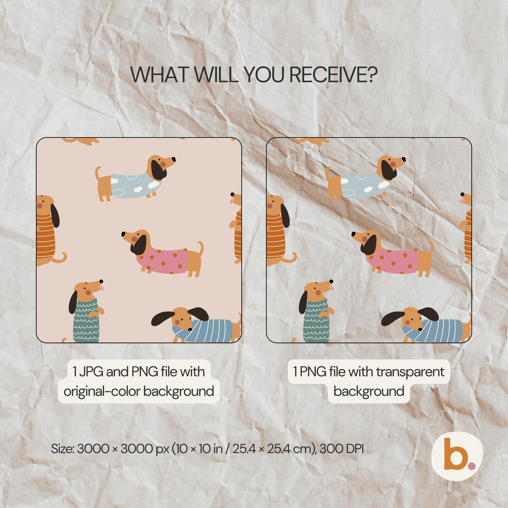 What you receive: the Dachshund pattern as a JPG and PNG with the original-colour background, plus a PNG with a transparent background, 3000 x 3000 px (10 x 10 in), 300 DPI.