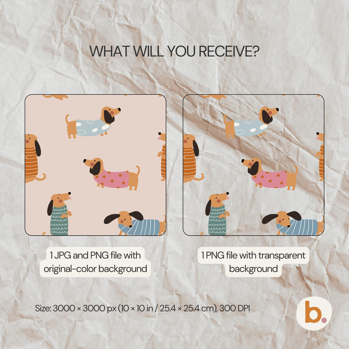 What you receive: the Dachshund pattern as a JPG and PNG with the original-colour background, plus a PNG with a transparent background, 3000 x 3000 px (10 x 10 in), 300 DPI.