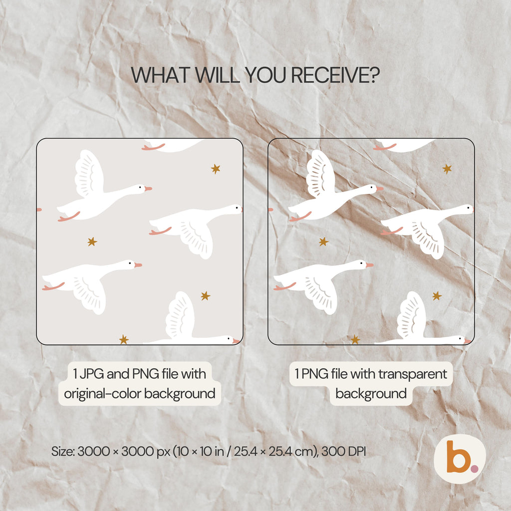 A digital graphic showing a repeating pattern of white geese in flight with small gold stars on a light beige background. Text reads: WHAT WILL YOU RECEIVE?, 1 JPG and PNG file with original-colour background, 1 PNG file with transparent background, Size: 3000 x 3000 px (25.4 x 25.4 cm), 300 DPI.