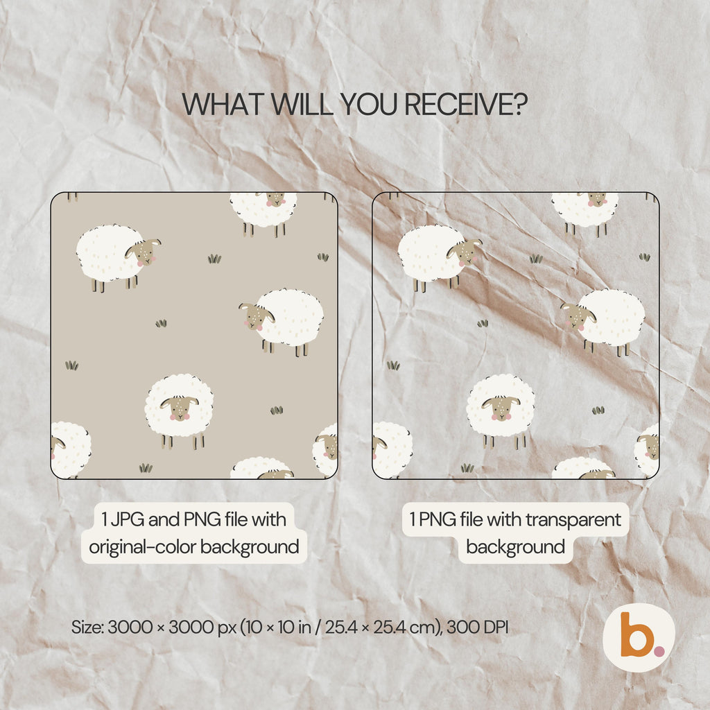 A digital pattern featuring white sheep with tan faces on a beige background, labelled as 1 JPG and PNG file with original-colour background and 1 PNG file with transparent background, measuring 3000 x 3000 px or 25.4 x 25.4 cm.