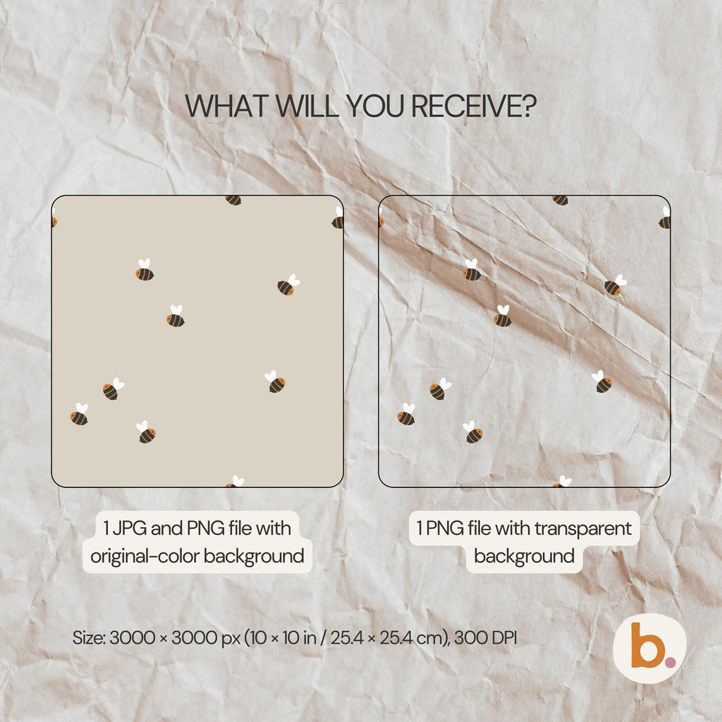 A digital graphic file set featuring a repeating bee pattern. The text reads: WHAT WILL YOU RECEIVE?, 1 JPG and PNG file with original-colour background, 1 PNG file with transparent background, Size: 3000 x 3000 px (25.4 x 25.4 cm), 300 DPI.