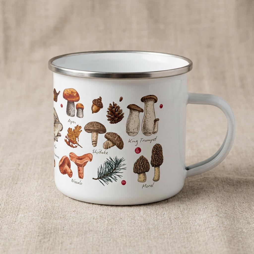 A white enamel mug with a silver rim and handle, featuring a detailed botanical illustration of various mushrooms including Aspen, Shiitake, King Trumpet, and Morel, along with pine needles, an acorn, and a pinecone.