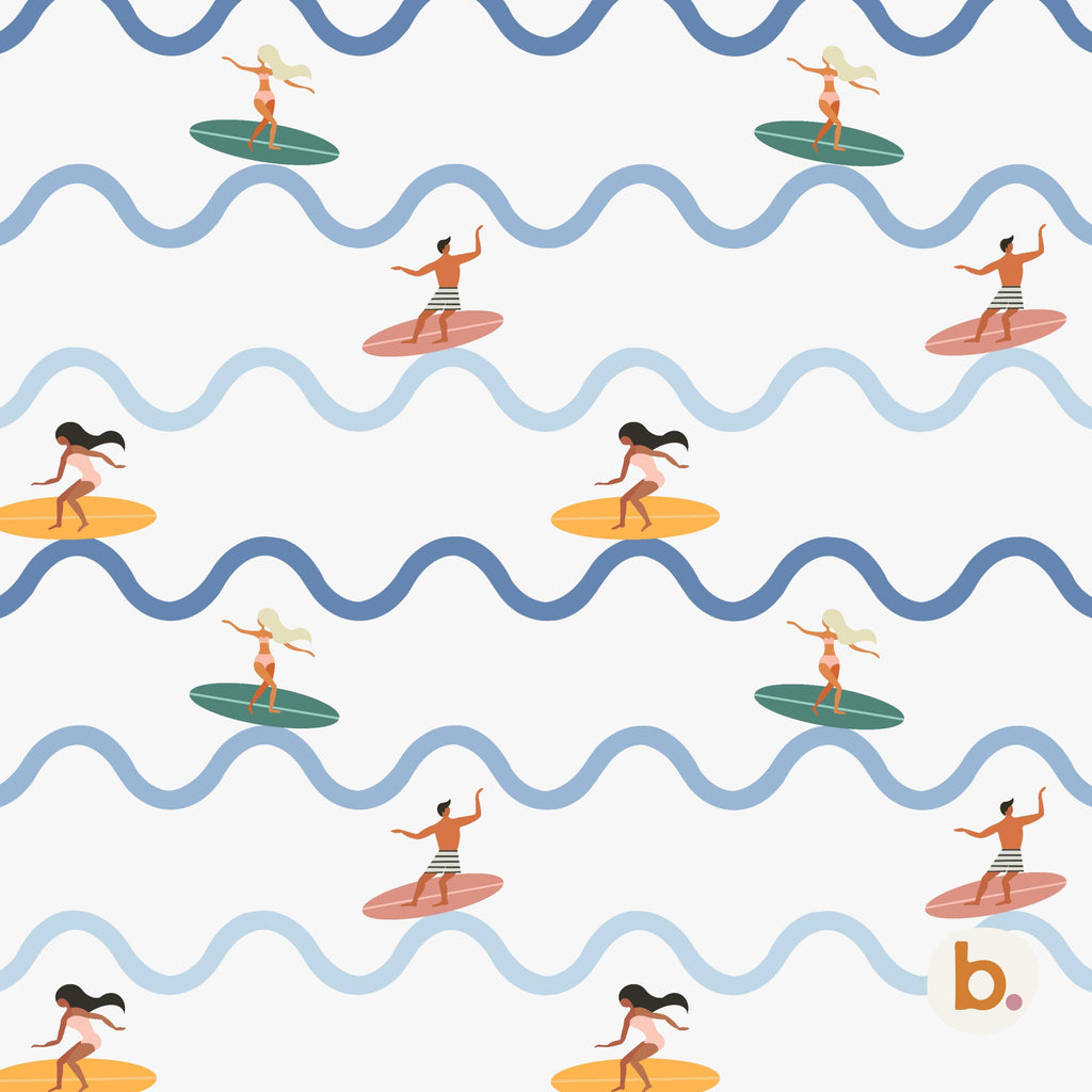 A repeating pattern on a white background featuring horizontal wavy lines in shades of blue. The design includes illustrations of surfers on surfboards in various colours, including green, pink, and yellow, with a small logo in the corner.