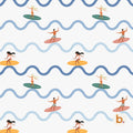 A repeating pattern on a white background featuring horizontal wavy lines in shades of blue. The design includes illustrations of surfers on surfboards in various colours, including green, pink, and yellow, with a small logo in the corner.