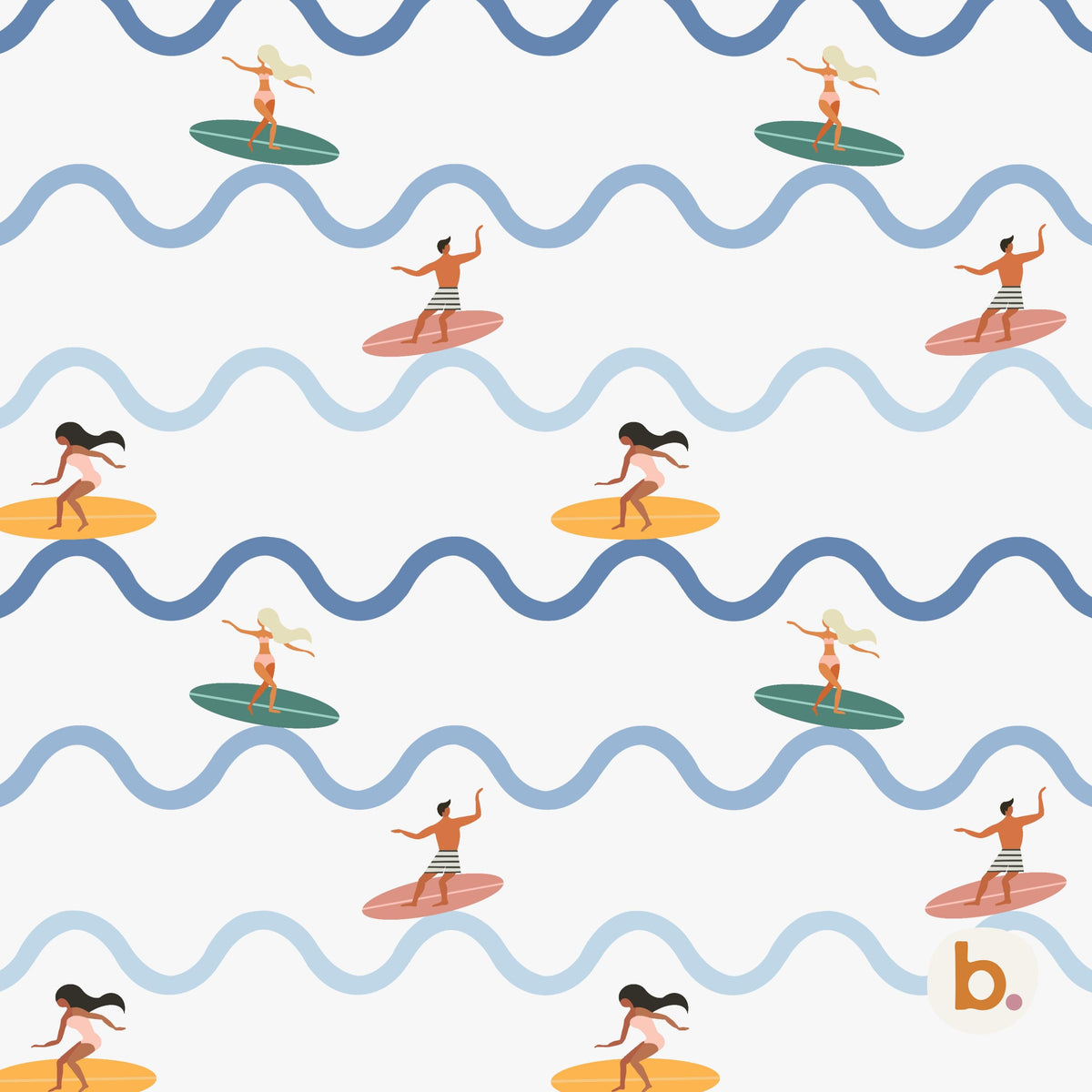 A repeating pattern on a white background featuring horizontal wavy lines in shades of blue. The design includes illustrations of surfers on surfboards in various colours, including green, pink, and yellow, with a small logo in the corner.
