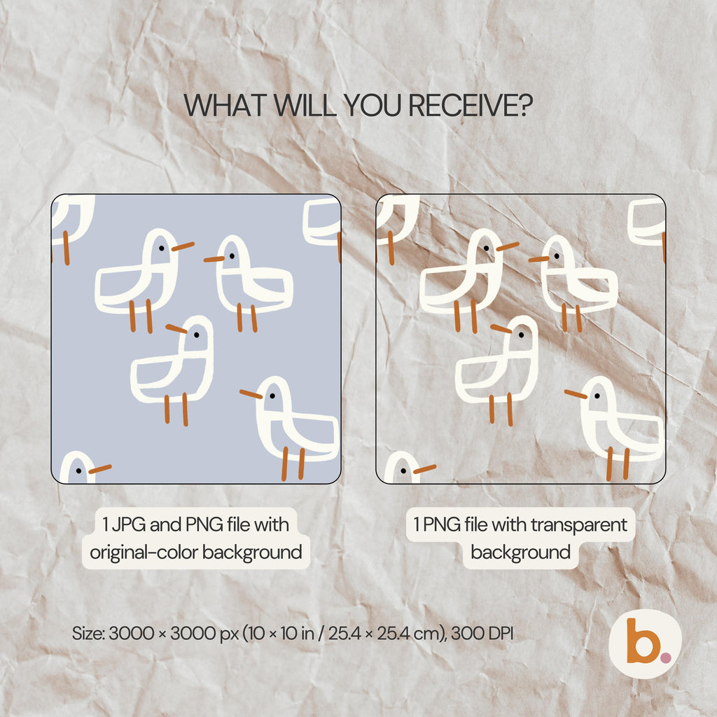 What you receive: the Seagull pattern as a JPG and PNG with the original-colour background, plus a PNG with a transparent background, 3000 x 3000 px (10 x 10 in), 300 DPI.