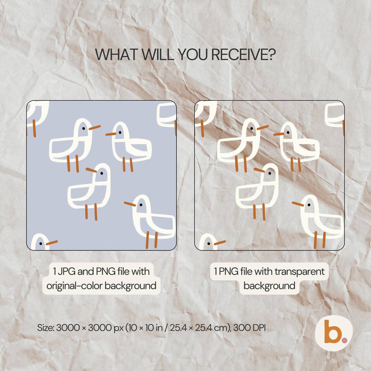 What you receive: the Seagull pattern as a JPG and PNG with the original-colour background, plus a PNG with a transparent background, 3000 x 3000 px (10 x 10 in), 300 DPI.