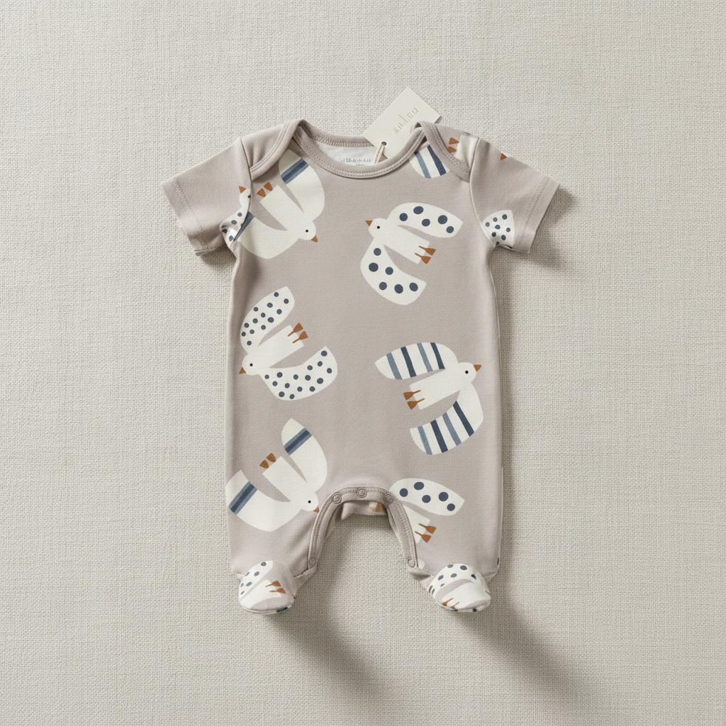 A light taupe baby romper featuring short sleeves, integrated footies, and a repeating pattern of stylised white birds with blue and brown accents. The garment includes a small white paper tag attached to the neckline.