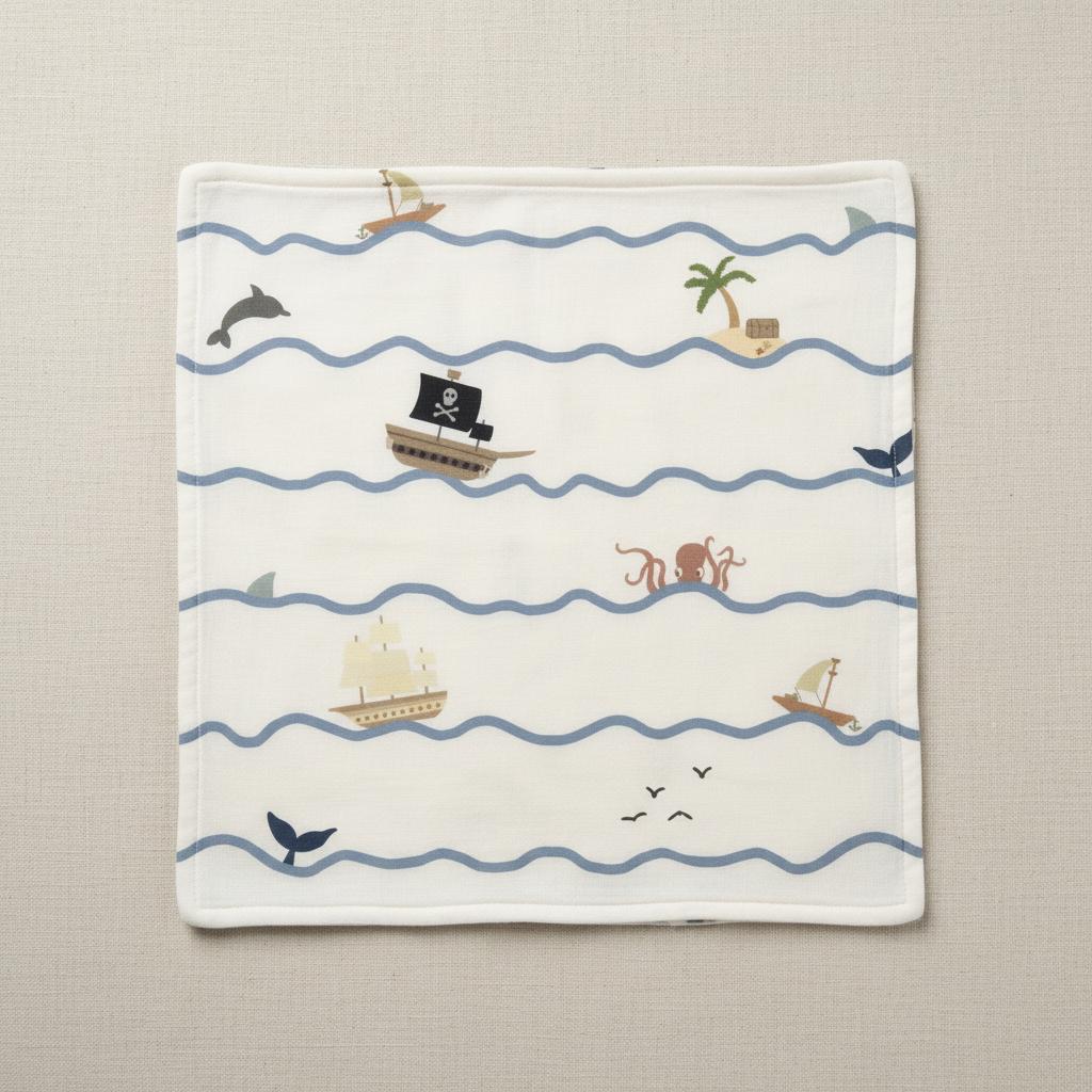 A square white fabric cloth featuring a repeating pattern of horizontal wavy blue lines. The design includes illustrations of a black pirate ship with a skull and crossbones flag, a brown octopus, a sailboat, a dolphin, and a palm tree.