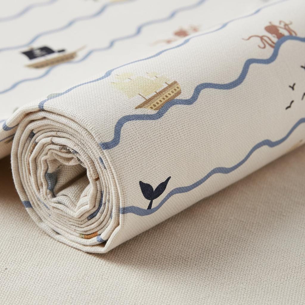 A roll of off-white fabric featuring a repeating nautical pattern of blue wavy lines, brown sailing ships, black whale tails, small brown octopuses, and black bird silhouettes printed across the textured surface of the material.