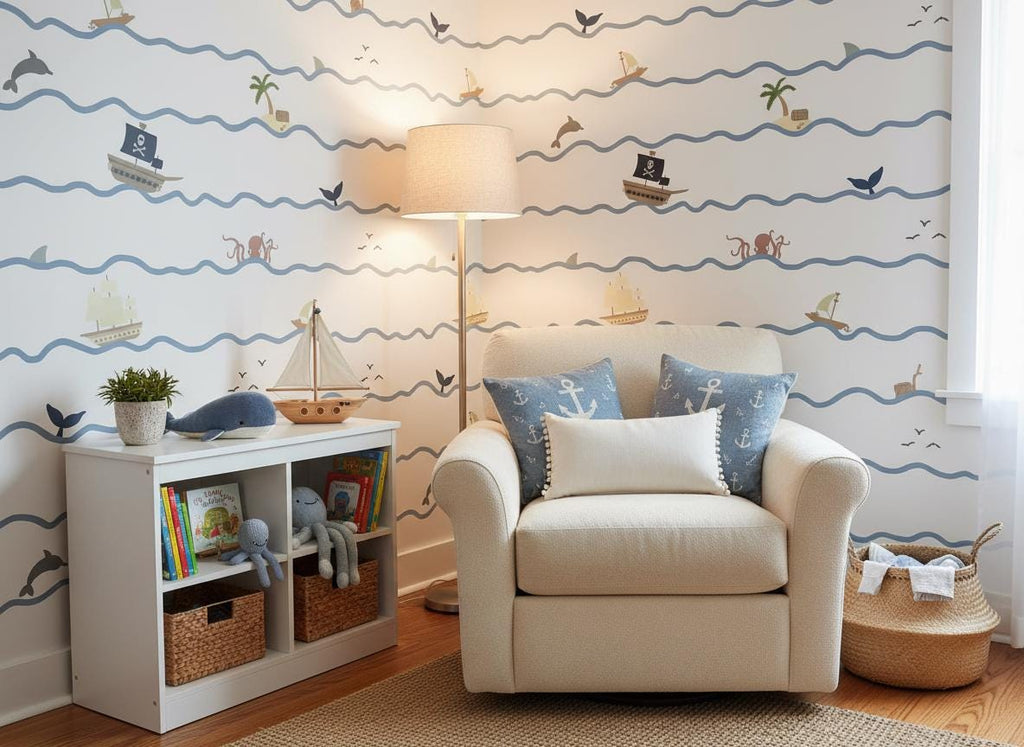 A white bookshelf containing two woven baskets, books, a model sailing boat, a plush whale, and an octopus. Next to it, a beige armchair features two blue anchor-patterned cushions and a white lumbar cushion, lit by a floor lamp.