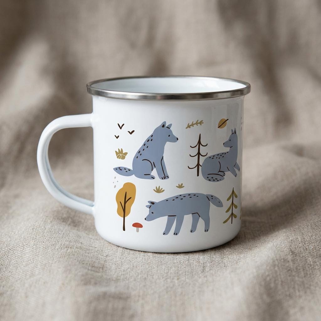 Kids Wolf enamel mug: white camping mug with a silver rim, illustrated with grey-blue wolves, small trees and mushrooms, on grey linen.