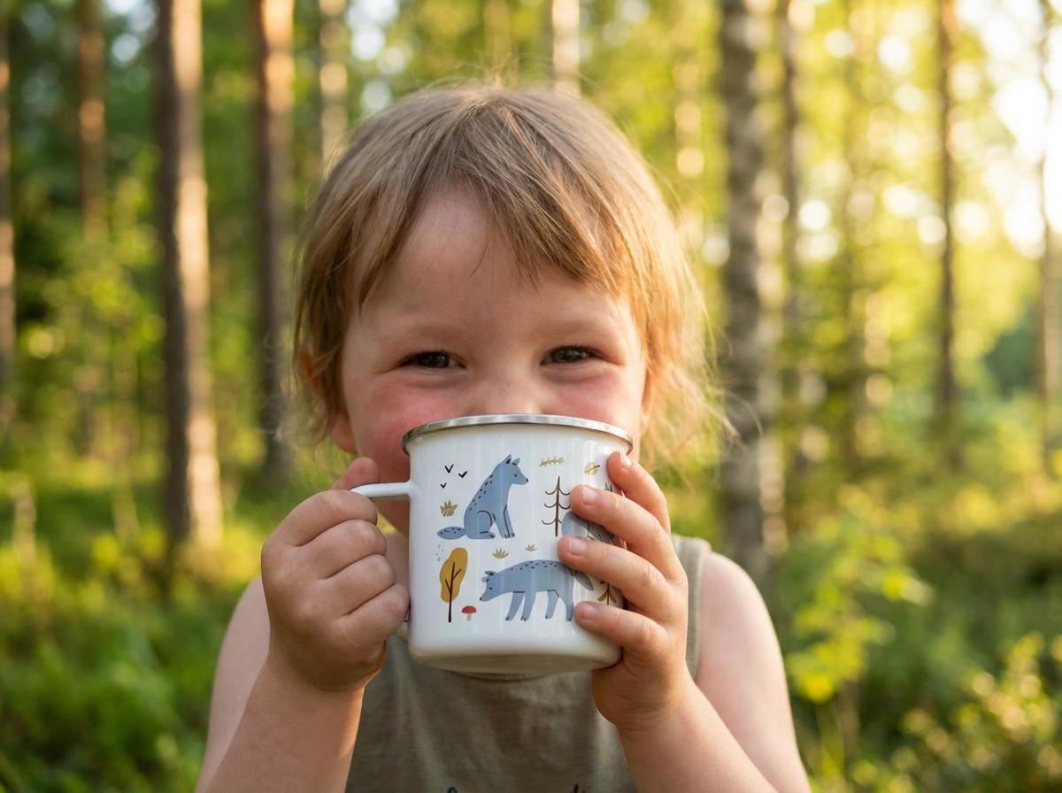 A white enamel mug with a silver rim featuring a repeating pattern of blue wolves, small brown trees, and tiny red mushrooms. The mug has a sturdy handle on the side and is held by two hands, showcasing the detailed woodland-themed graphic.