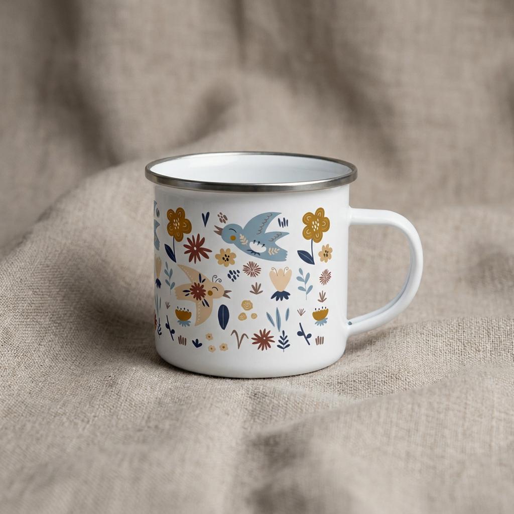 Bird enamel mug on grey linen: white camping mug with a silver rim, decorated with a blue folk-art bird among mustard, red and navy flowers.