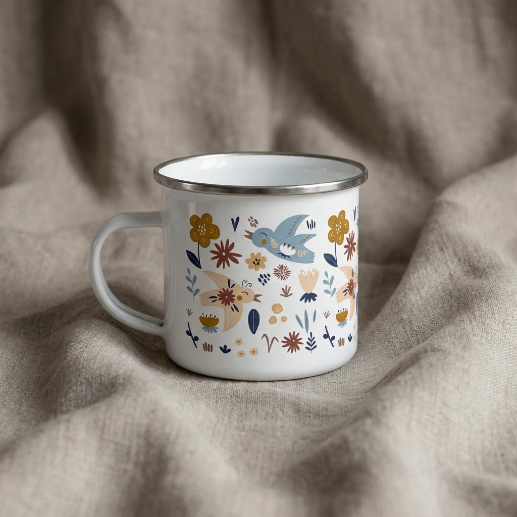 A white enamel mug featuring a silver rim and a handle on the left side. The exterior surface is decorated with a repeating pattern of small blue birds, tan birds, and various stylised flowers in shades of brown, blue, and yellow.