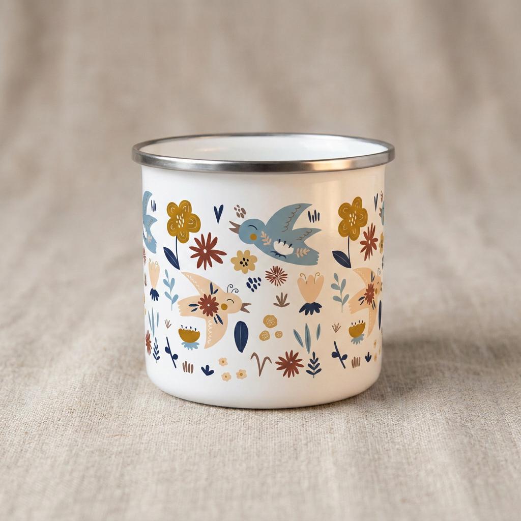 A white enamel mug with a silver-toned rim, featuring a repeating pattern of light blue and beige birds, mustard yellow and rust-coloured flowers, and small dark blue leaves scattered across the exterior surface of the cylindrical cup.