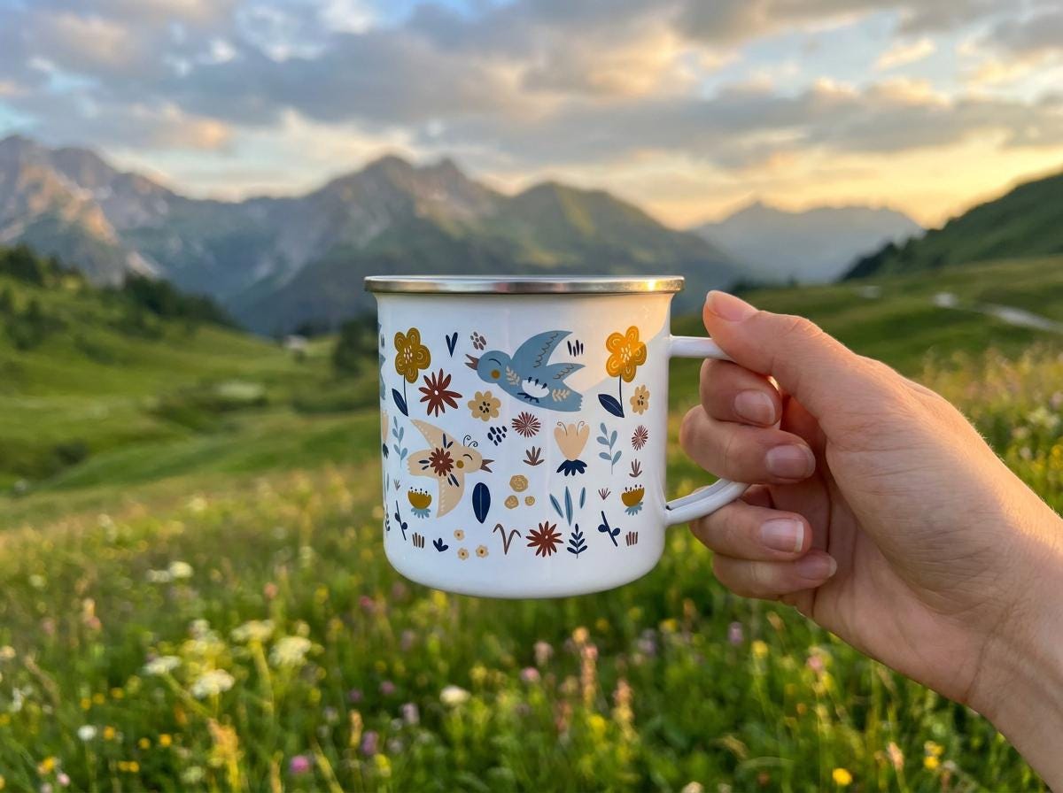 A white enamel mug with a silver rim featuring a colourful pattern of small blue birds, yellow flowers, and dark blue foliage. The mug has a side handle and is decorated with a repeating botanical and avian motif in shades of blue, yellow, and brown.