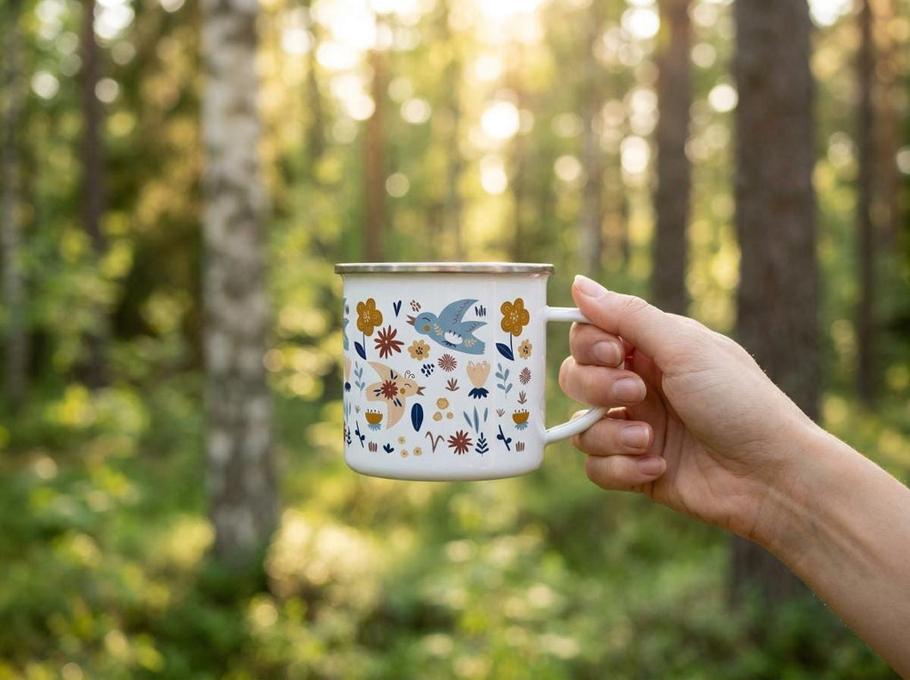 Hand holding the Bird enamel mug at arm's length in a sunlit forest.