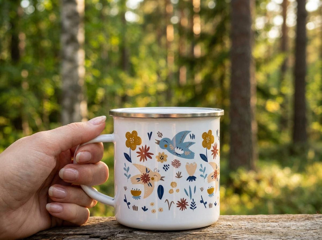 Hand holding the floral Bird enamel mug on a tree stump with pine forest behind.