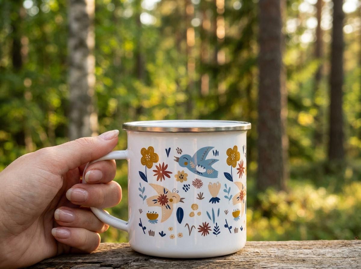 Hand holding the floral Bird enamel mug on a tree stump with pine forest behind.