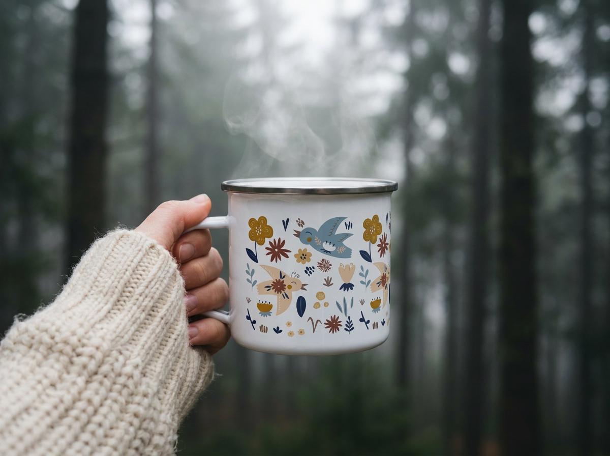A white enamel mug with a silver rim featuring a colourful pattern of blue birds, yellow flowers, and dark blue foliage. Steam rises from the top of the mug, which is held by a hand wearing a thick, cream-coloured knitted sweater sleeve.