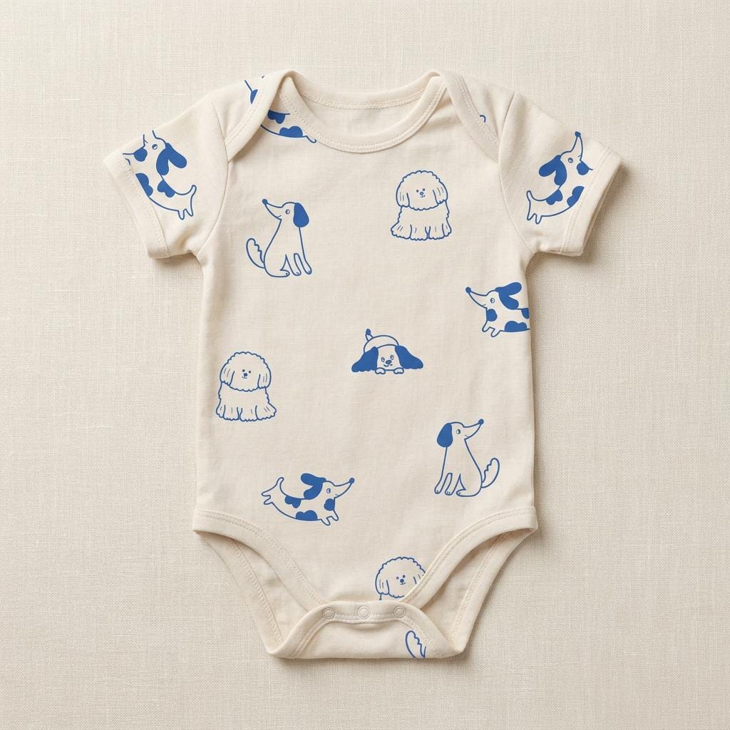 Cream baby bodysuit with the Dog pattern of cobalt-blue line-drawn puppies, laid flat on linen.