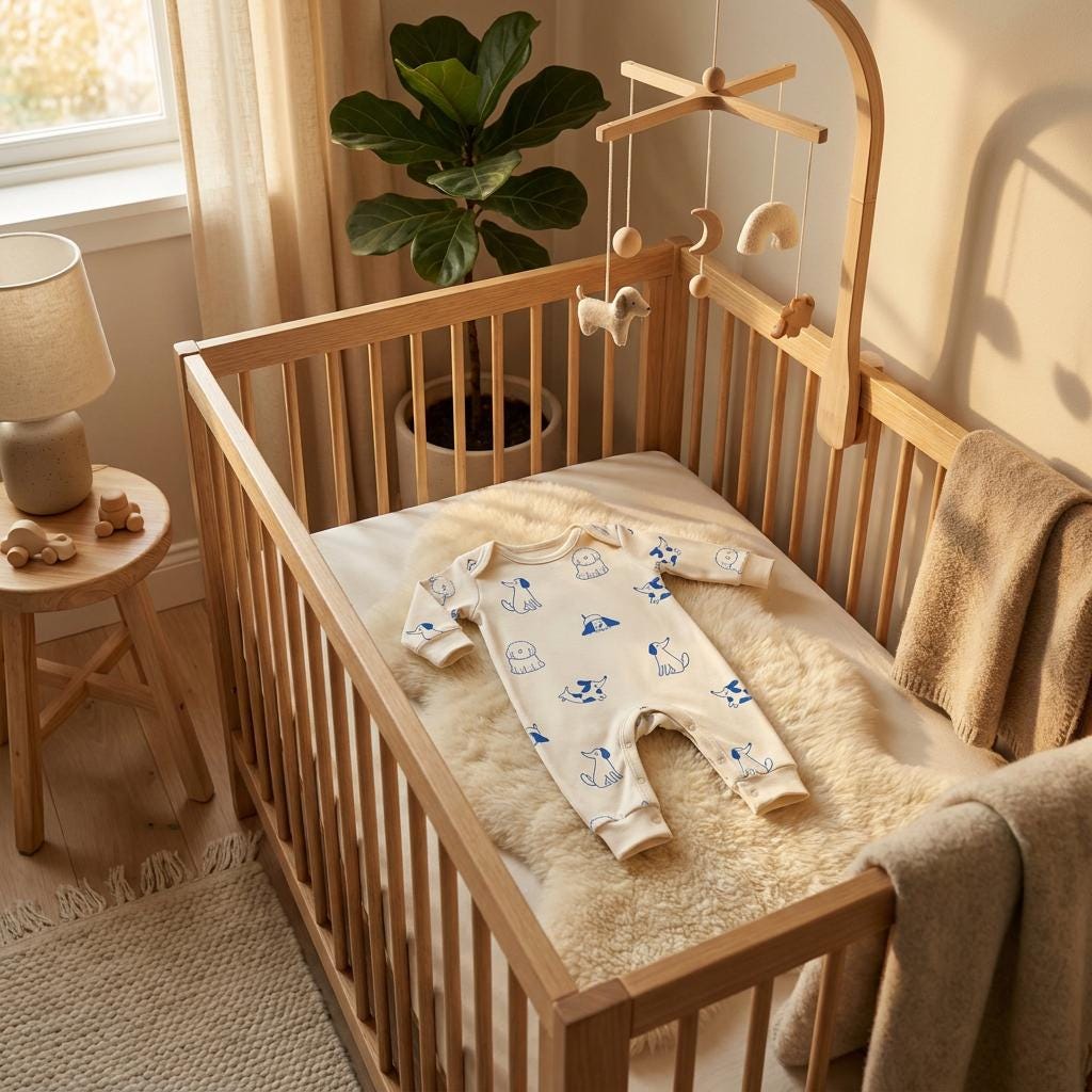 Cream baby sleepsuit with the blue Dog pattern lying in a wooden cot on a sheepskin, under a wooden mobile.
