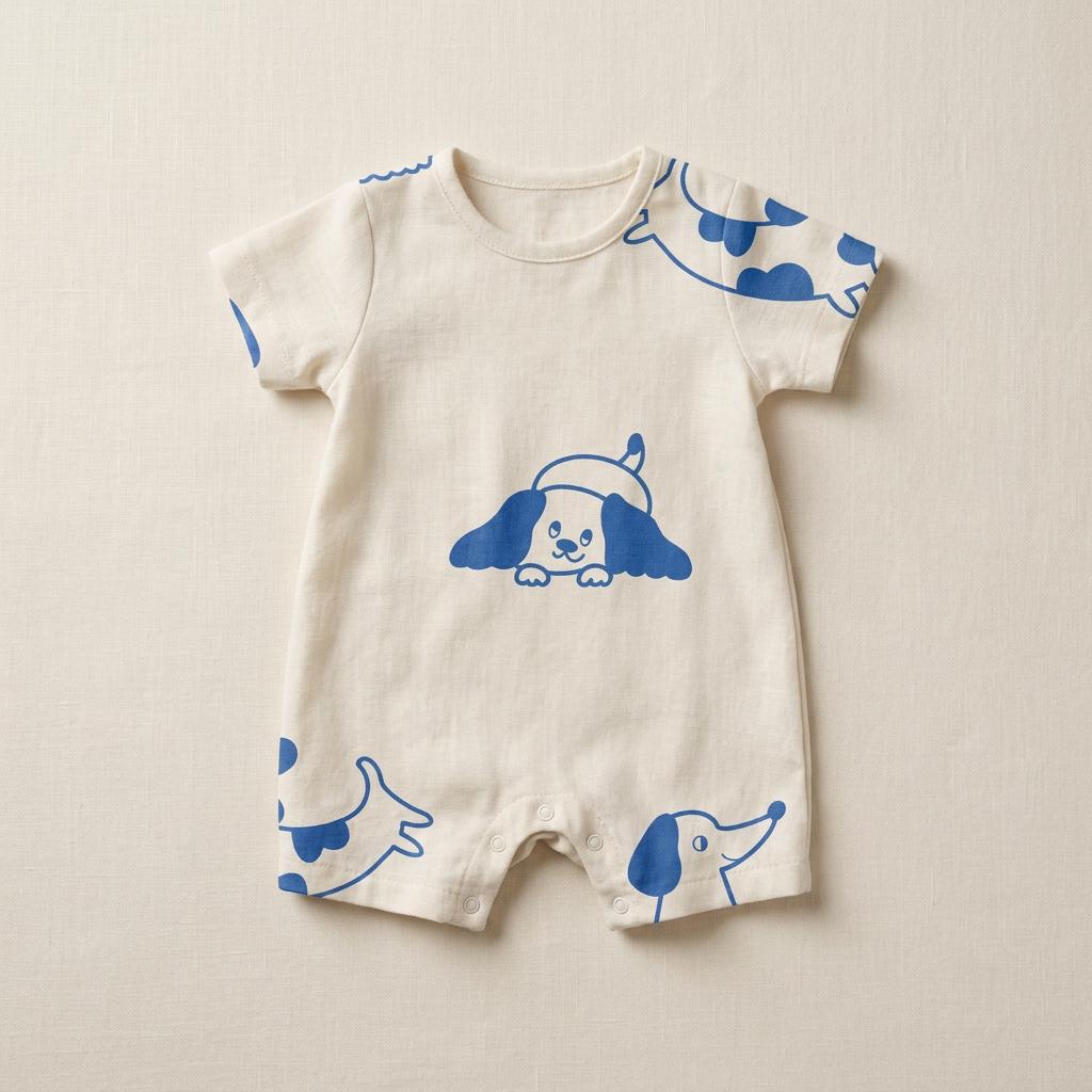 Cream baby romper with a large blue line-art puppy placement print on the front and the Dog pattern on the sleeves and legs.