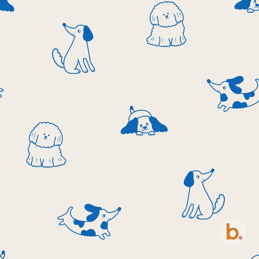 A repeating pattern on a light beige background featuring various blue line-art illustrations of dogs in different poses, including sitting, lying down, and standing, with a small lowercase letter b followed by a pink dot in the corner.