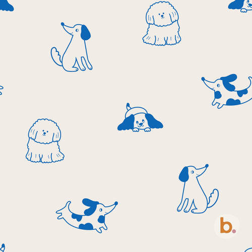 A repeating pattern on a light beige background featuring various blue line-art illustrations of dogs in different poses, including sitting, lying down, and standing, with a small lowercase letter b followed by a pink dot in the corner.