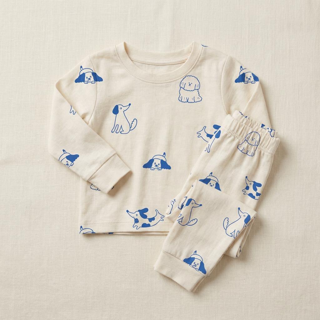 A long-sleeved top and matching trousers set in an off-white colour featuring a repeating pattern of blue line-art illustrations of various dogs in different poses, including some wearing hats, with a crew neckline and ribbed cuffs.