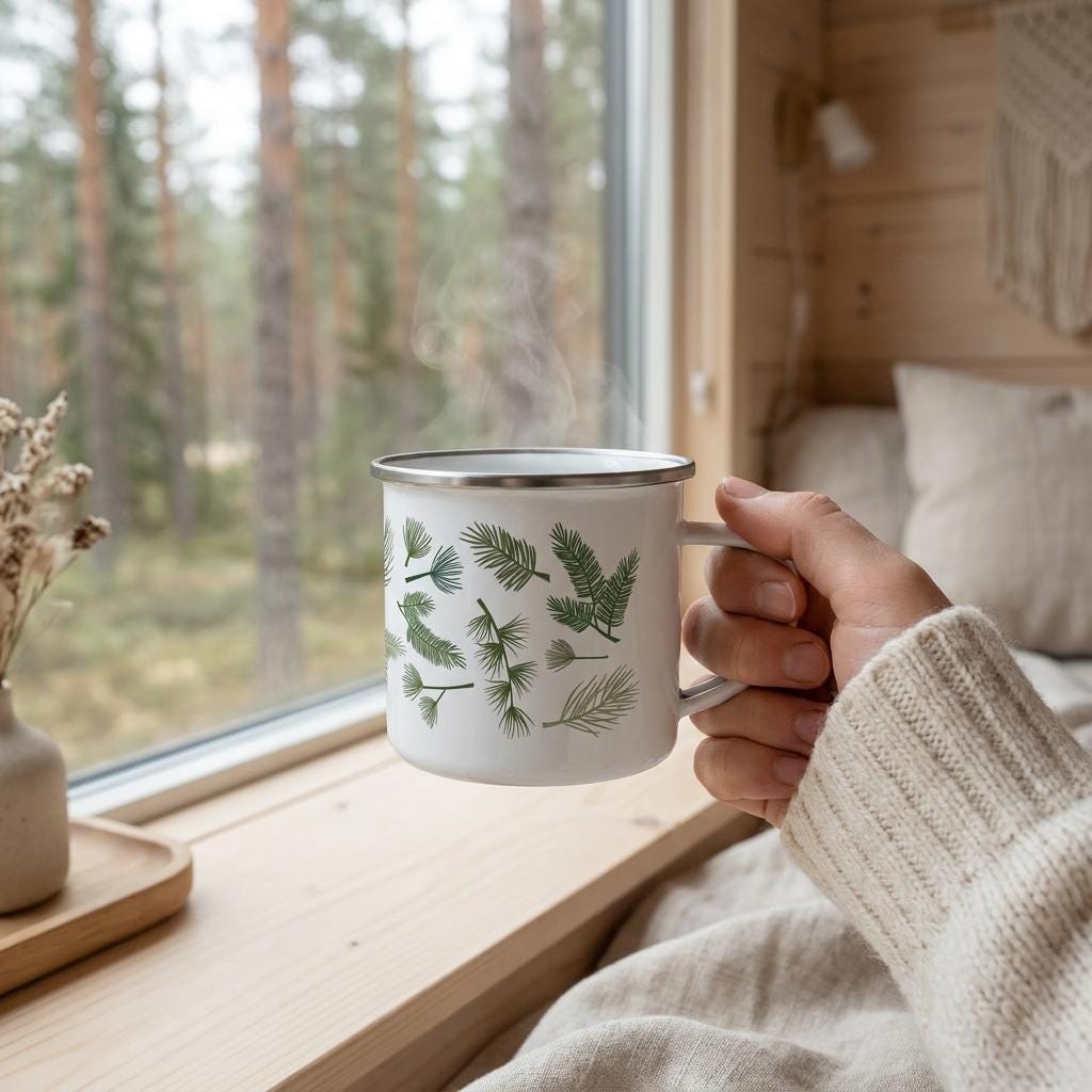 A white enamel mug with a silver rim featuring a green botanical pattern of various pine needles and evergreen branches. The mug has a side handle and is filled with a hot beverage, with visible steam rising from the top opening.