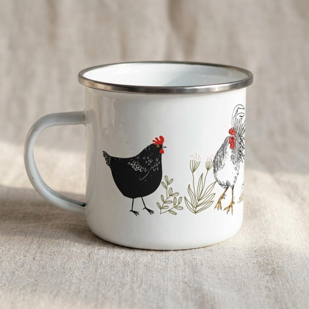 A white enamel mug with a silver-toned rim and a side handle. The exterior features a black hen with a red comb and a grey rooster with a red comb, both standing among simple line-drawn green botanical illustrations.