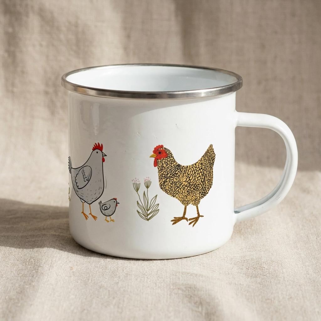 A white enamel mug with a silver rim and a side handle. The mug features a printed illustration of a grey hen with a small chick, a green plant, and a brown speckled hen with a red comb, all arranged horizontally on the exterior.