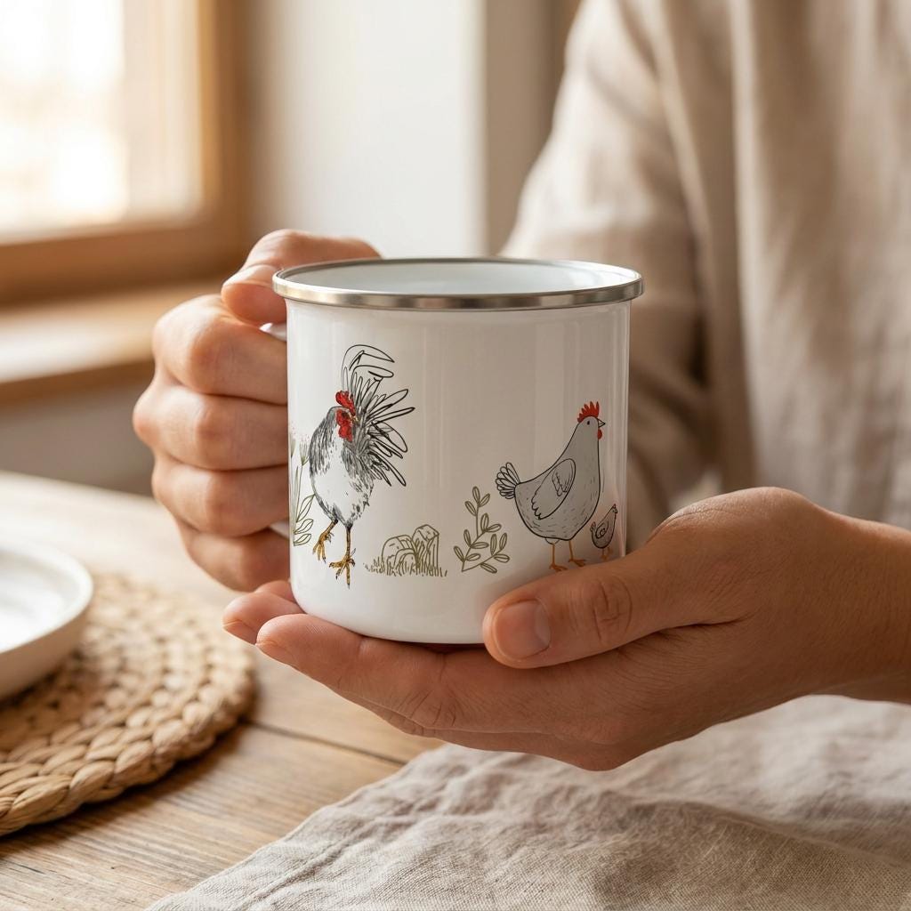 A white enamel mug with a silver rim featuring a black and white line drawing of a rooster, a hen, and a small chick. The illustration includes subtle red accents on the combs of the birds and green details on the foliage.