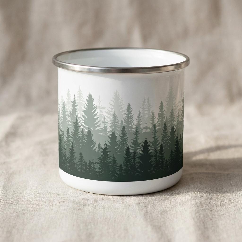 Front view of the Forest enamel mug showing layered pine tree silhouettes in shades of green, on beige linen.