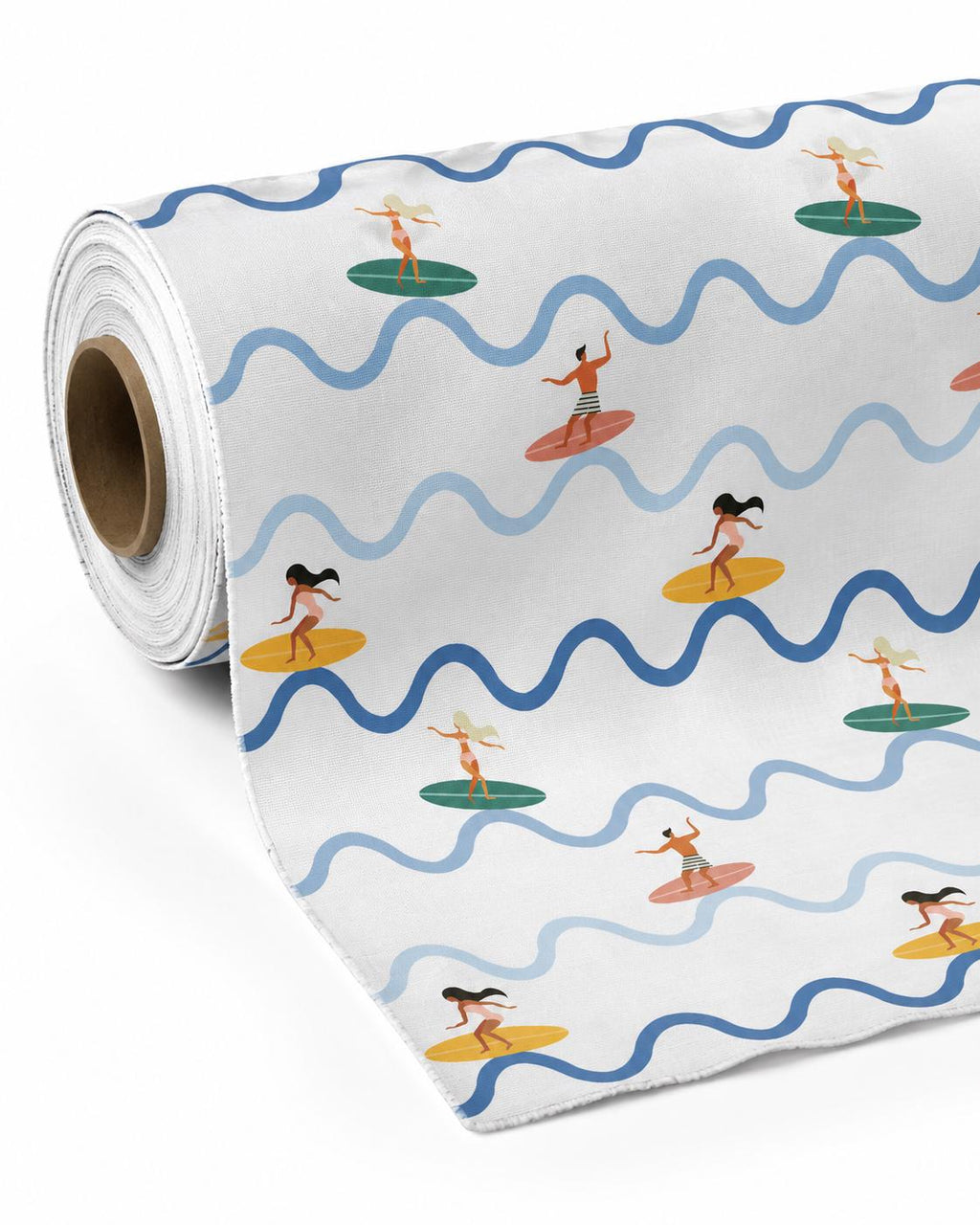 A roll of white fabric featuring a repeating pattern of surfers on colourful surfboards. The design includes wavy horizontal lines in light and dark blue, interspersed with illustrations of people surfing on yellow, green, and coral boards.