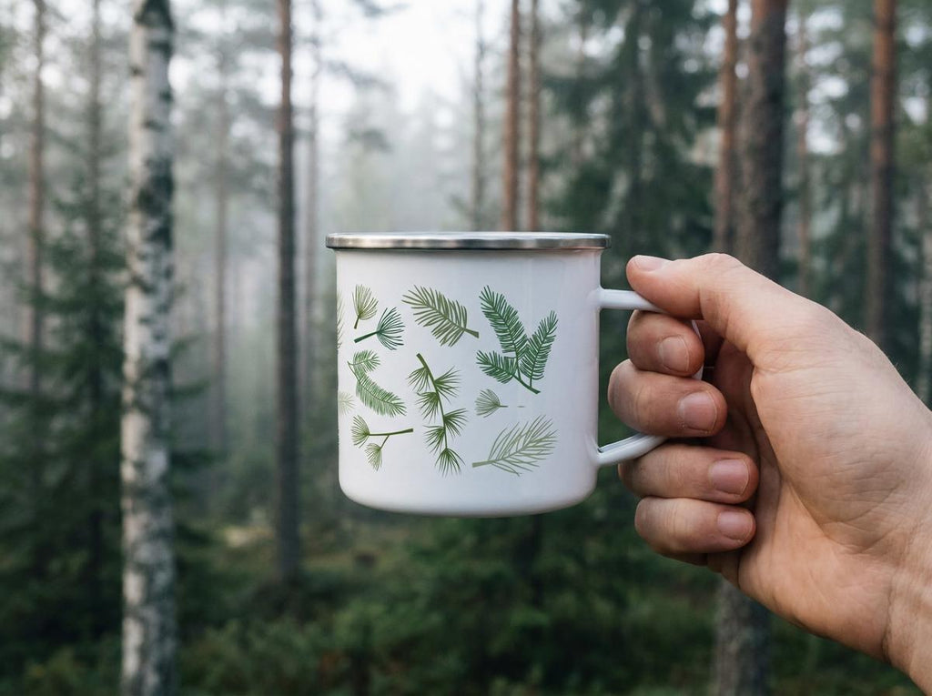 Hand holding the Evergreen Pine Needle enamel mug, decorated with green pine sprigs, in a misty forest.