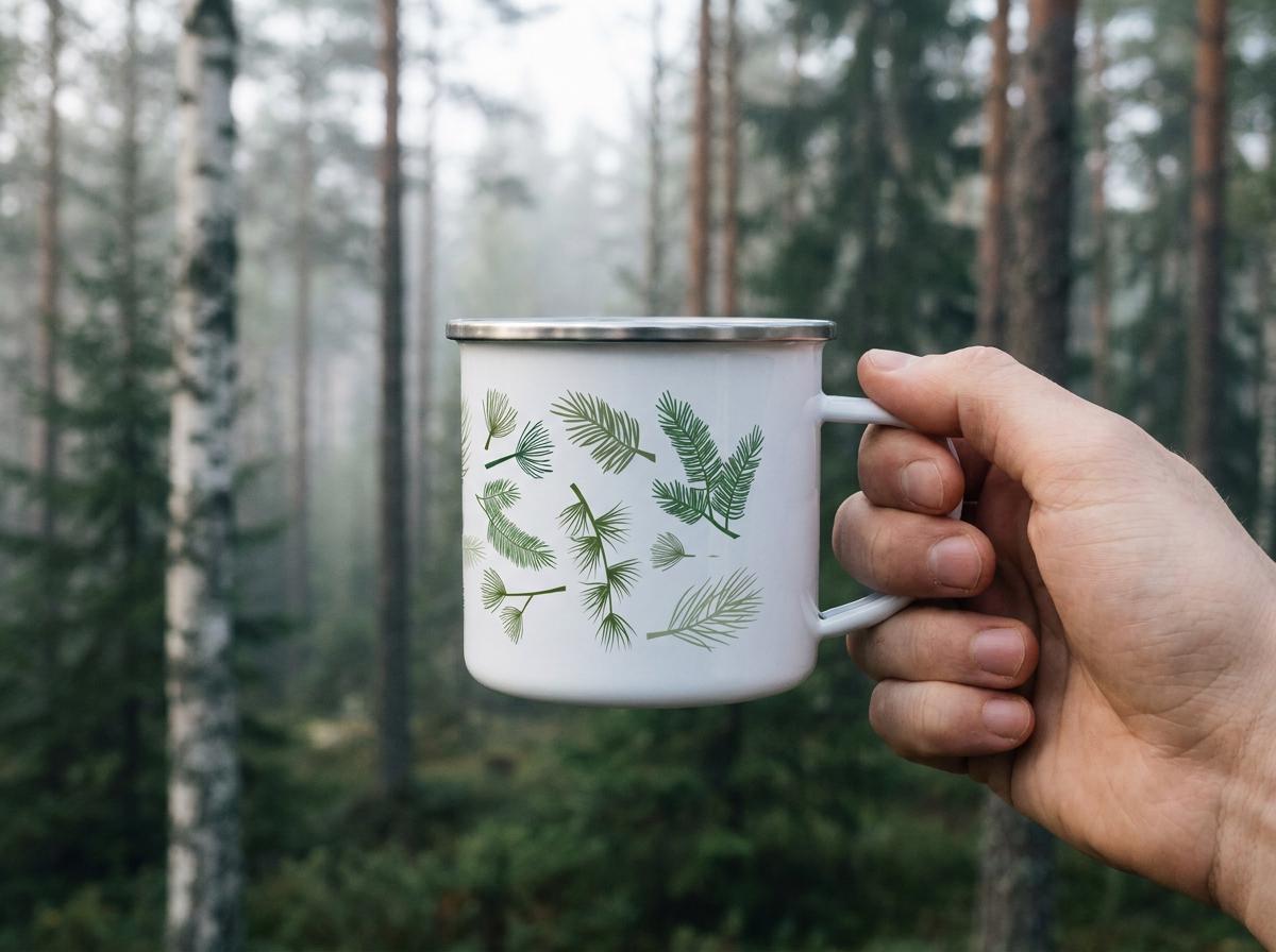 Hand holding the Evergreen Pine Needle enamel mug, decorated with green pine sprigs, in a misty forest.
