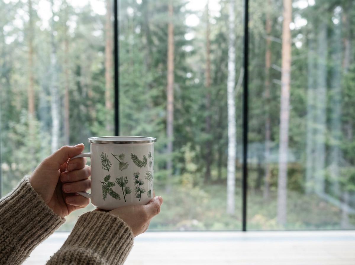 A white enamel mug with a silver rim featuring a green botanical pattern of various pine needles and branches. The mug has a cylindrical body and a side handle, held by hands wearing a beige ribbed knit sweater sleeve.