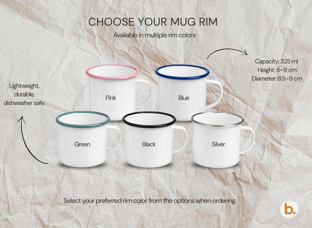 Five white enamel mugs with coloured rims in pink, blue, green, black, and silver. Text indicates a 325 ml capacity, 8-9 cm height, and 8.5-9 cm diameter. The mugs are labelled as lightweight, durable, and dishwasher safe.