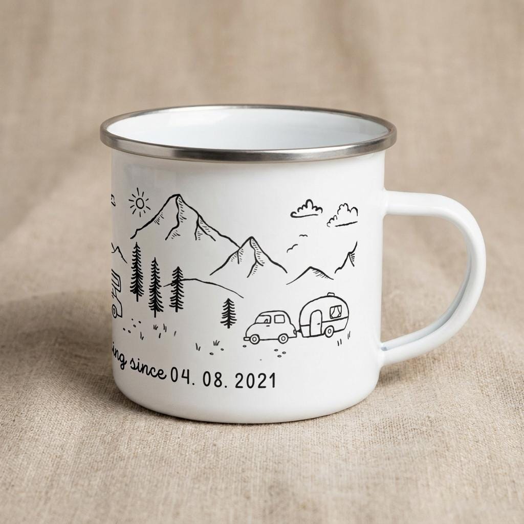 A white enamel mug with a silver rim and a black line art illustration featuring mountains, pine trees, a car towing a camper, and the text "ing since 04. 08. 2021". The mug has a side handle and a smooth, glossy finish.