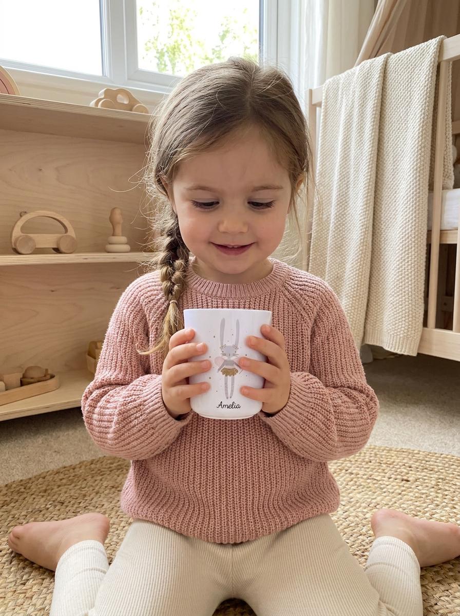 A white cylindrical cup featuring a graphic illustration of a grey rabbit wearing a gold skirt and pink wings, with the name Amelia printed in black script below the rabbit and small pink dots surrounding the design.