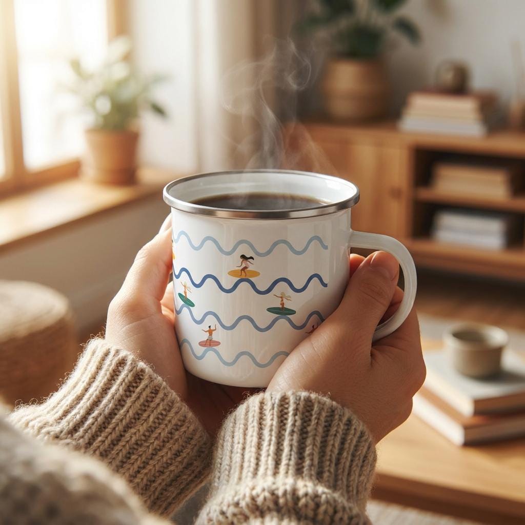A white enamel mug with a silver rim, filled with a steaming dark beverage. The mug features a repeating pattern of light blue and dark blue wavy lines interspersed with small illustrations of people on colourful surfboards.