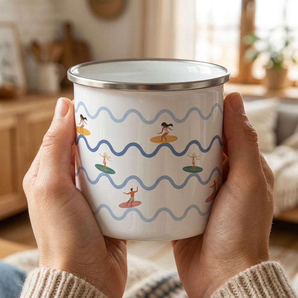 Hands holding the Surfing enamel mug, printed with blue ocean waves and small surfers on boards, in a cosy room.