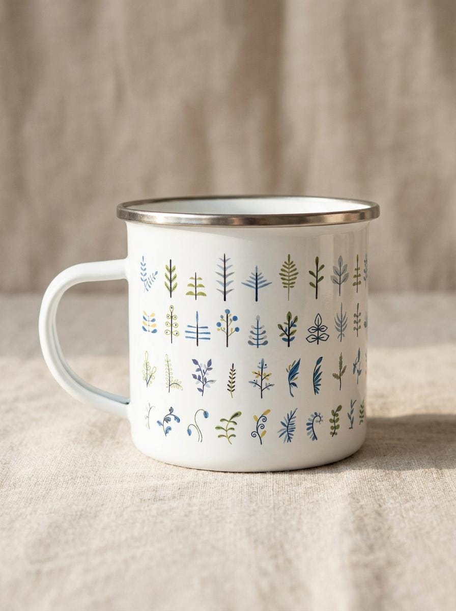 Botanical Leaf enamel mug with the handle on the left, decorated with rows of small green and blue leaf illustrations.