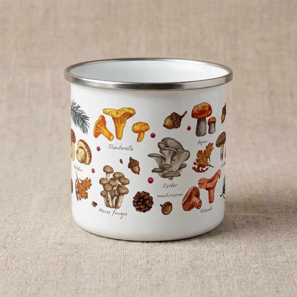 A white enamel mug with a silver rim featuring a colourful botanical illustration of various mushrooms, including chanterelles, oyster mushrooms, and honey fungus, along with acorns, pine needles, and oak leaves with text labels.
