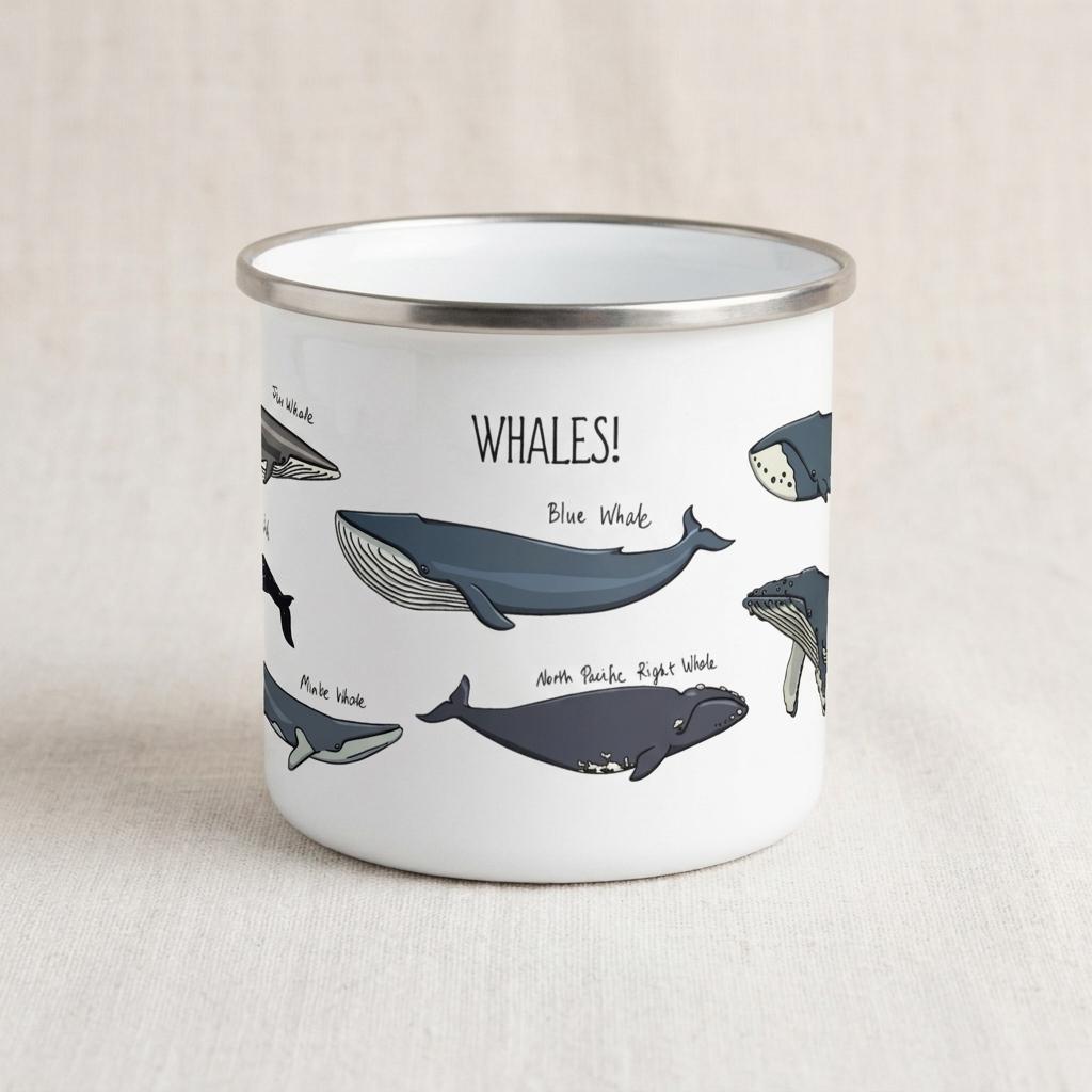 Whale Species enamel mug: white camping mug with a silver rim, illustrated with labelled whale species under the heading Whales!
