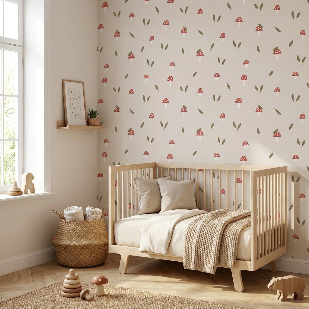 Nursery wall papered with the Whimsical Mushroom pattern of small red toadstools and leaves, behind a wooden toddler bed.
