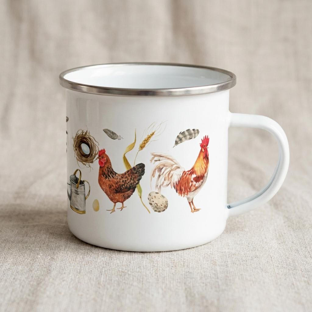 Chicken enamel mug with the handle on the right, showing watercolour hens, a rooster, feathers, eggs and a nest on white enamel.
